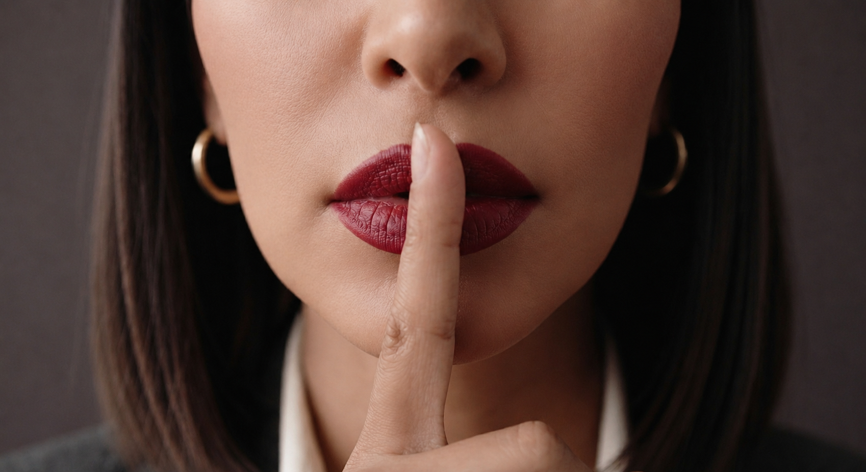 Close-up of a woman with a finger to her lips, a gesture of discretion and confidentiality